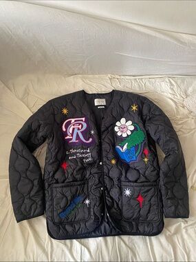 Black Quilted Bomber Jacket with Embroidered Patch Details
